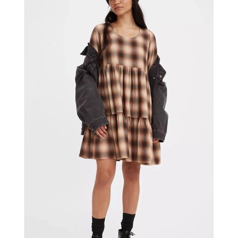LEVI'S Andy Babydoll Tiered Cotton Brown Plaid Dress / Women's Medium